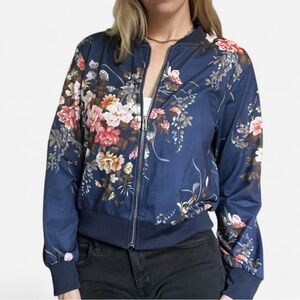Navy Blue Floral Zip-up Sweater Jacket, Size Medium